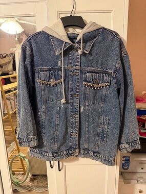 APRICOT Blue Denim Jacket with Grey Hood and Rhinestone Trim